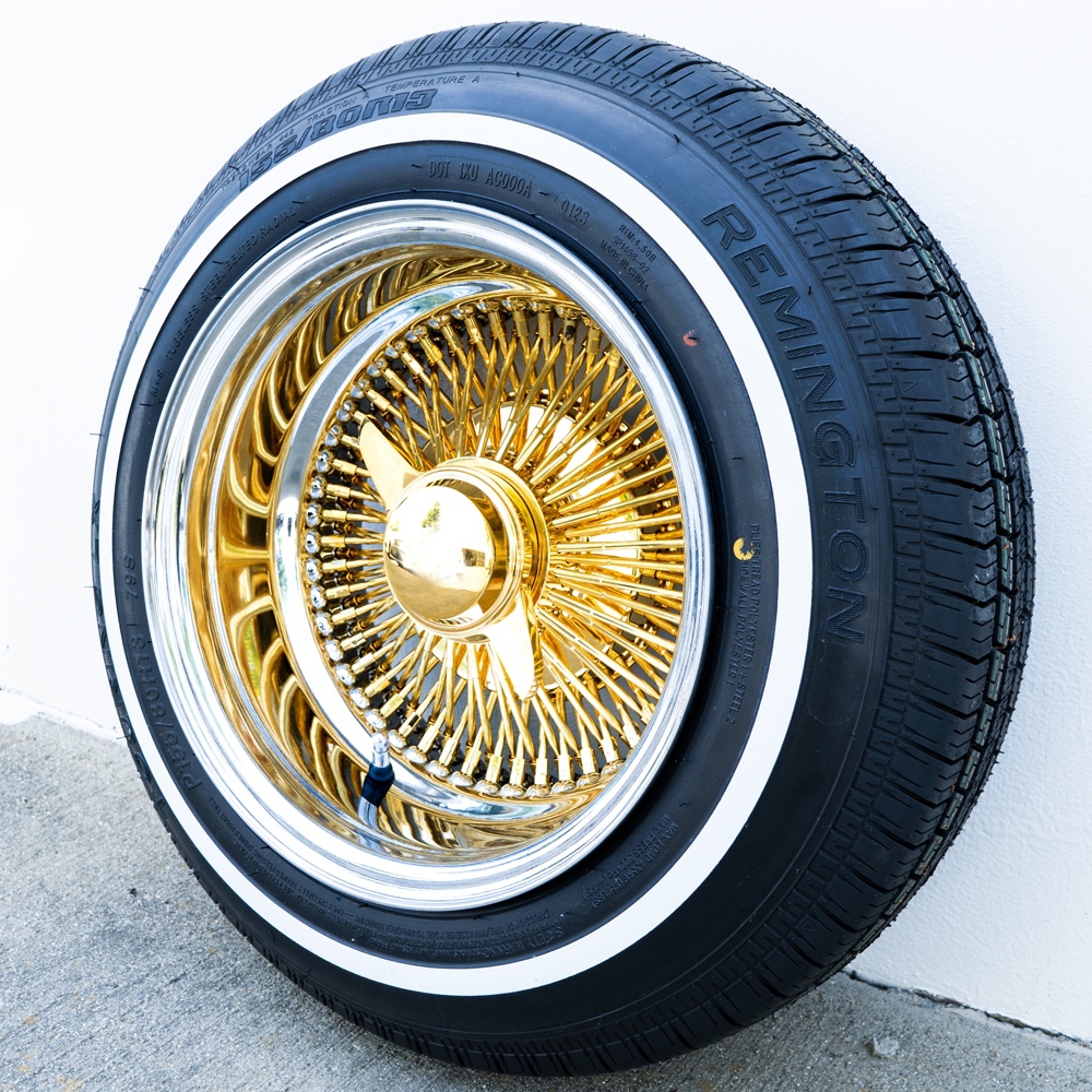 Gold Center 13X7 Reverse Wire Wheels 100 Spoke with WW Tires